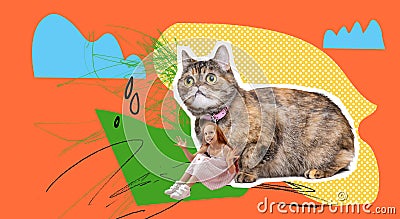 Creative contemporary art collage. Smiling redhead girl, child sitting near domestic cat and playing over orange Stock Photo