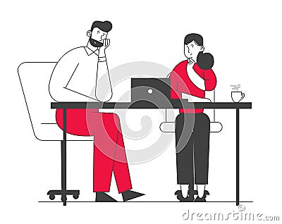 Creative Couple of Colleagues Teamwork, Brainstorming Working Process in Office. Business People Characters Team Vector Illustration