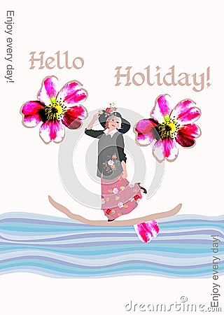 Creative cover of the book with a middle-aged woman floating on a boat on vacation. Enjoy every day! Vector Illustration