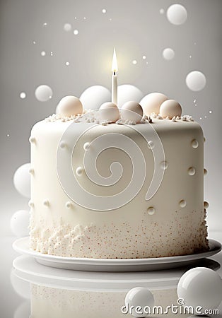Creative creamy bithday cake with one candle and chocolate balls on white background Stock Photo