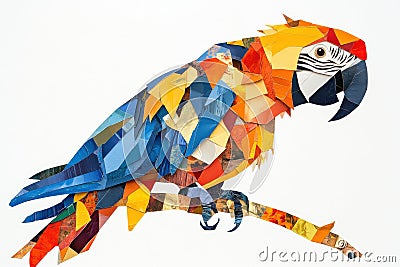 Creative cubist style artwork of a blue macaw made from recycled trash materials, showcasing vibrant colors and Stock Photo