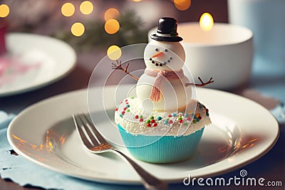 Creative cupcake snowman on the holiday table, copy space. Generative AI illustration Cartoon Illustration