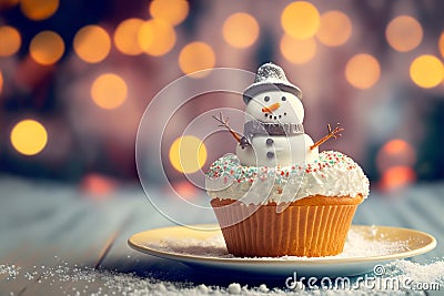 Creative cupcake snowman on the holiday table, copy space. Generative AI illustration Cartoon Illustration