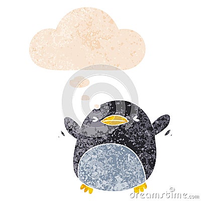 A creative cute cartoon flapping penguin and thought bubble in retro textured style Vector Illustration