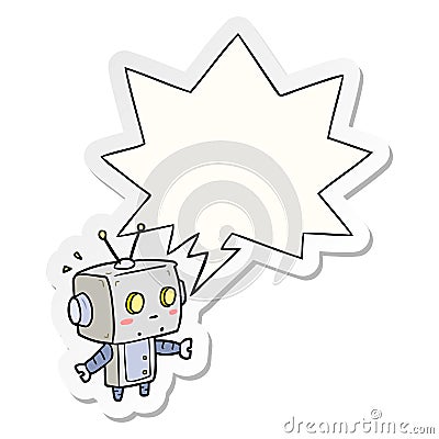 A creative cute cartoon surprised robot and speech bubble sticker Vector Illustration