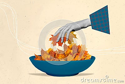 Creative 3d collage artwork retro poster postcard sketch of arm hold leaves autumn coming isolated on painting Stock Photo