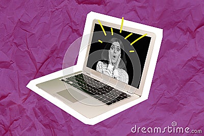 Creative 3d collage wallpaper funny excited girl image shocked laptop display shopping ecommerce advertisement purchase Stock Photo