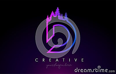 Creative D Letter Logo Idea With Pine Forest Trees. Letter D Design With Pine Tree on Top Vector Illustration