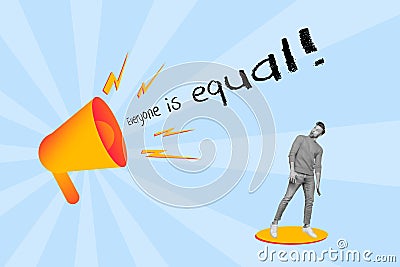 Creative 3d photo artwork graphics collage of little man listening loud megaphone voice proclaim equal rights isolated Stock Photo