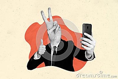 Creative 3d photo artwork graphics collage painting of cool funky worker recording video vlog v-sign instead head Stock Photo
