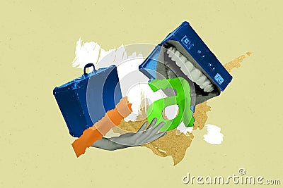 Creative 3d photo artwork graphics collage painting of mouth inside suitcase eating letters isolated beige color Stock Photo