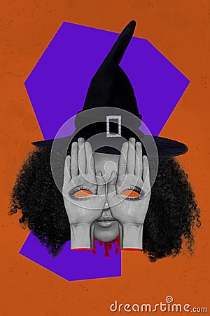 Creative 3d photo collage poster sketch artwork of ugly scary witch bloody hands empty eyes isolated on painting Stock Photo