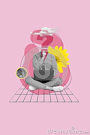 Creative 3d pinup pop artwork collage sketch of minded faceless person sitting using netbook decide question choose Stock Photo