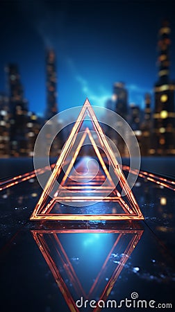 Creative 3D rendering Glowing neon rhombus on a reflective blue banner Stock Photo