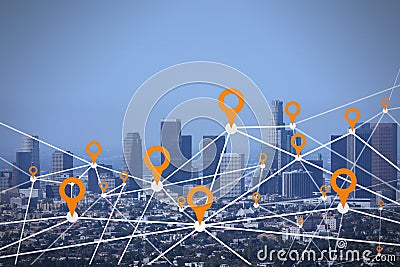 Creative dawn city and sky background with digital map pointer connections and mock up place for your advertisement. Smart city, Stock Photo