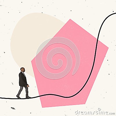 Creative design. Businessman, manager walking on line going upwards symbolizing way to success Stock Photo