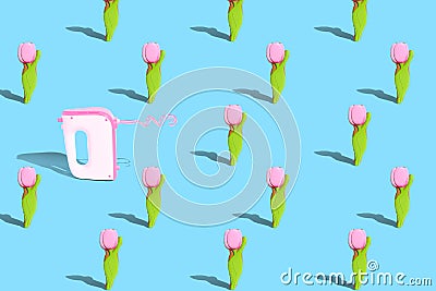 . Creative design card. Gingerbread in the form of a tulip on a blue bright background. The concept of celebrating Women`s Day, Stock Photo