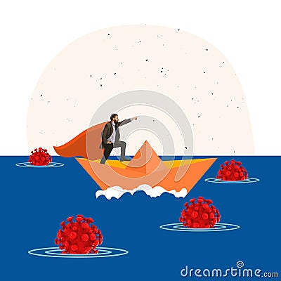 Creative design. Contemporary art collage. Businessman sailing on paper boat through virus cells symbolizing overcoming Stock Photo