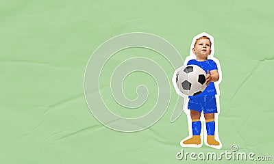 Creative design. Contemporary art collage. Little boy, child in uiform with ball pretending to be football player Stock Photo