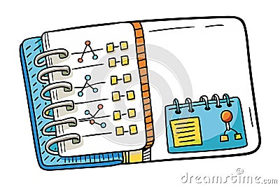 Creative design of a machine learning notebook featuring colorful gears, notes, and charts, representing AI and data driven Vector Illustration