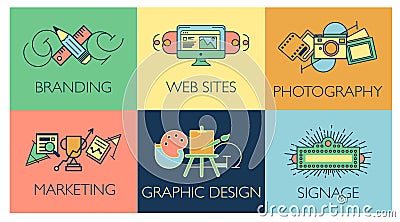 Creative design process concept with web studio development elements. Flat line icons modern style vector illustration Vector Illustration