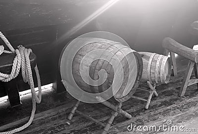 Wooden drum in vintage ship Stock Photo