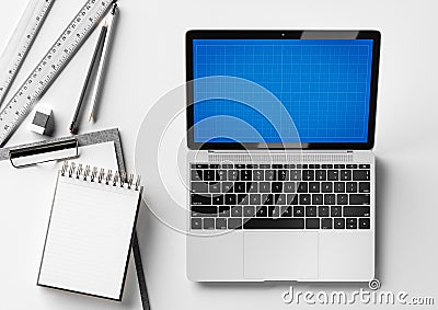 Creative designer and architect desktop with laptop and stationery items. Mock up. Stock Photo