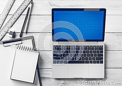 Creative designer and architect desktop with laptop and stationery items. Mock up. Stock Photo