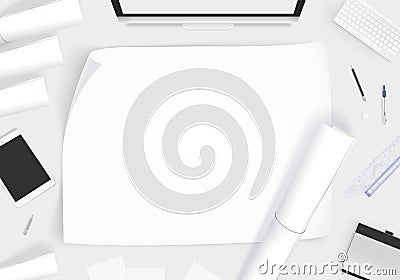 Creative designer desk with blank paper whatman mockup. Stock Photo