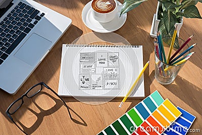 Creative Designer Graphic designer at work. Color swatch sample Stock Photo