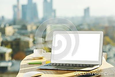 Creative desk top with blank laptop Stock Photo