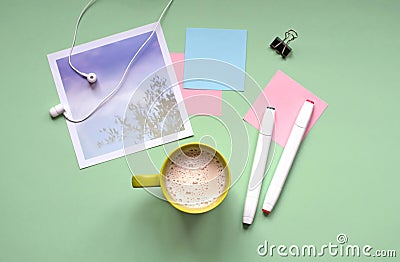 Creative desktop. Post-it stickers, a Cup of coffee. Music Stock Photo