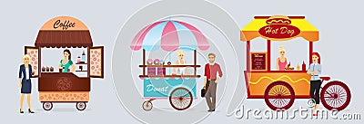 Creative detailed vector street coffee cart, donat and hotdog shop with sellers. Young people buy street food or junk Vector Illustration