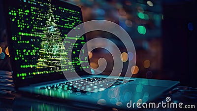 Creative digital Christmas tree made of binary code on a laptop screen. Christmas card for programmers, developers, electronics Stock Photo