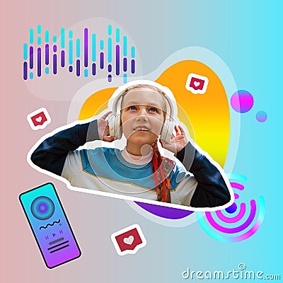 Creative digital collage stylish girl in headphones smartphone using social media listening to music app songs playlist Stock Photo