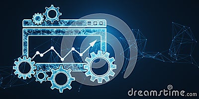 Creative digital computer folder with cogs, polygonal mesh and arrows. Project Management icon, data management, folder, project Stock Photo