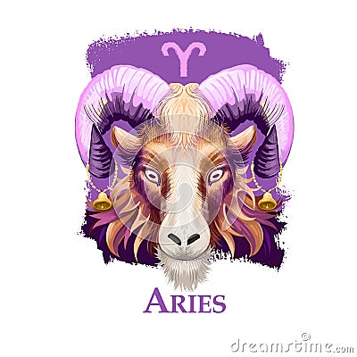 Creative digital illustration of astrological sign Aries. First of twelve signs in zodiac. Horoscope fire element. Logo Cartoon Illustration