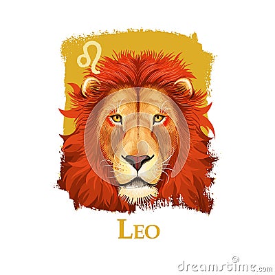 Creative digital illustration of astrological sign Leo. Fifth of twelve signs in zodiac. Horoscope fire element. Logo Cartoon Illustration