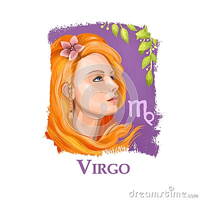 Creative digital illustration of astrological sign Virgo. Sixth of twelve signs in zodiac. Horoscope earth element. Logo Cartoon Illustration