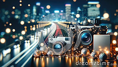 Vintage Cameras and City Lights Bokeh Background, AI Generated Stock Photo