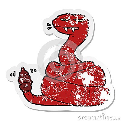 A creative distressed sticker of a cartoon angry rattlesnake Vector Illustration