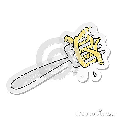 A creative distressed sticker of a cartoon spaghetti on fork Vector Illustration
