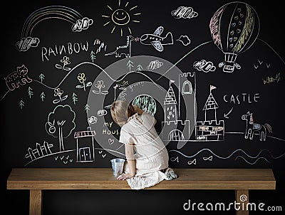 Creative Drawing Imagination Girl Blackboard Concept Stock Photo