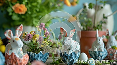 Upcycled Easter Craft Scene with Eggshell Planters and Fabric Bunnies Stock Photo