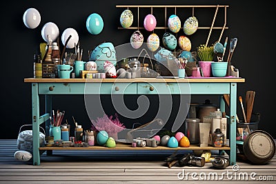 Creative Easter craft station with supplies for Stock Photo