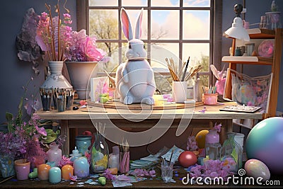 Creative Easterthemed DIY crafts station with Stock Photo