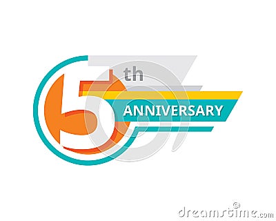 Creative emblem 5 th years anniversary. Five template logo badge design element. Abstract geometric banner on white background. Vector Illustration