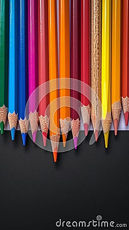 Creative essentials Array of colored pencils and paper on black Stock Photo