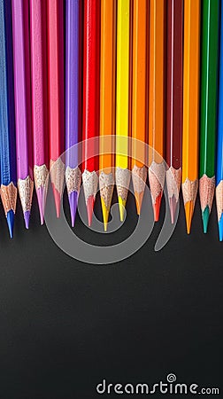 Creative essentials Array of colored pencils and paper on black Stock Photo