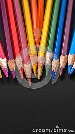 Creative essentials Array of colored pencils and paper on black Stock Photo